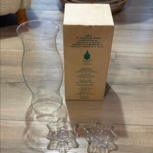 Vintage PartyLite 12” Hurricane Shade and a Set of Glass Star Candle Holders